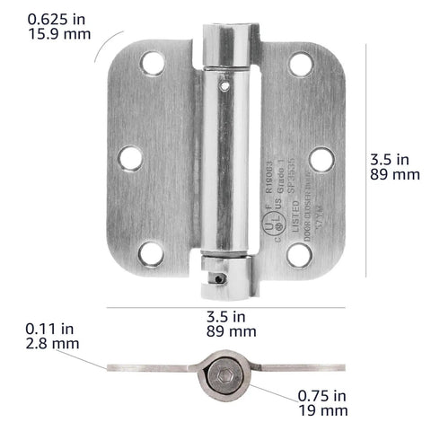 Front view of Self-Closing Door Hinge For Standard Doors Satin Nickel Finish Three And A Half Inch By Three And A Half Inch Five Eighths Inch Radius One Piece Steel Construction Hardware Included.
