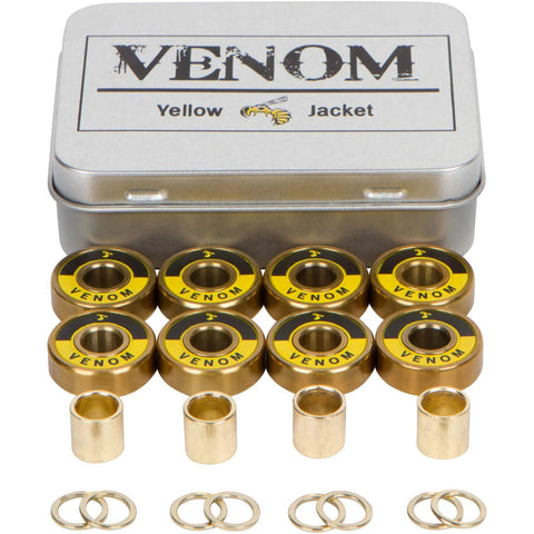 Yellow Jacket skateboard bearings set with titanium-coated ceramic balls, gold Venom washers and spacers in a metal tin.