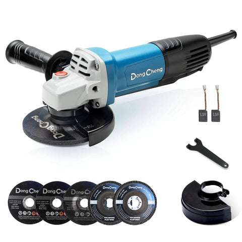 High Power Four And A Half Inch Angle Grinder With 6.7 Amp Copper Motor And 11,800 RPM Paddle Switch For Instant Stop Includes Cutting Wheel Grinding Wheel Flap Discs And Auxiliary Handle DongCheng For Metal Rust Removal And Beginner Friendly Use, with accessories.