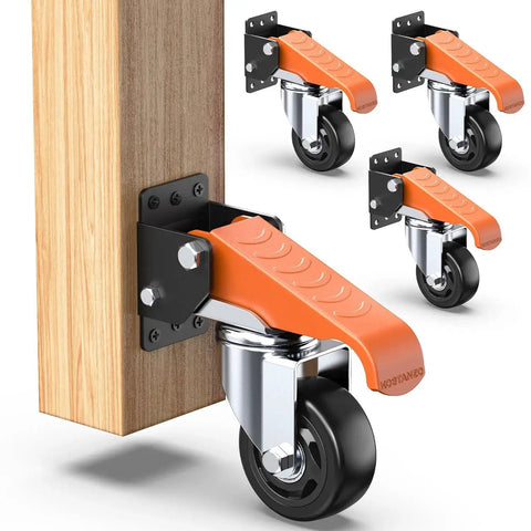 3 Inch Side Mount Swivel Workbench Castors With Step Lift Pedal For Easy Mobility Heavy Duty Caster Set Supports Up To 1100 Lbs Installed on a wood beam.
