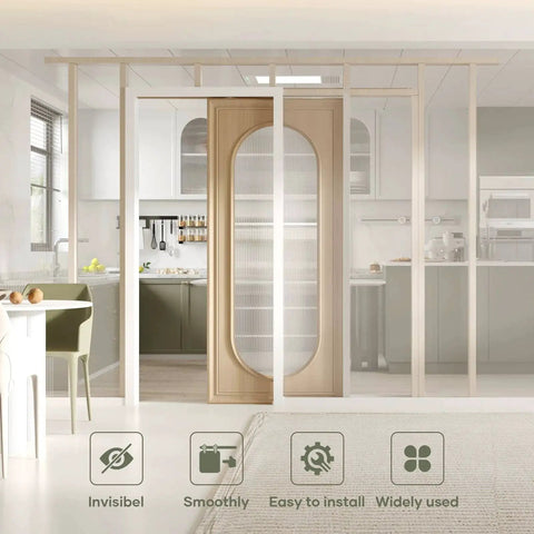 36x80 Inch Pocket Door Frame Hardware Kit With Two Way Soft Close For 2x4 Stud Walls Sliding Hardware For 24 To 36 Inch Wide Doors shown installed in a kitchen.