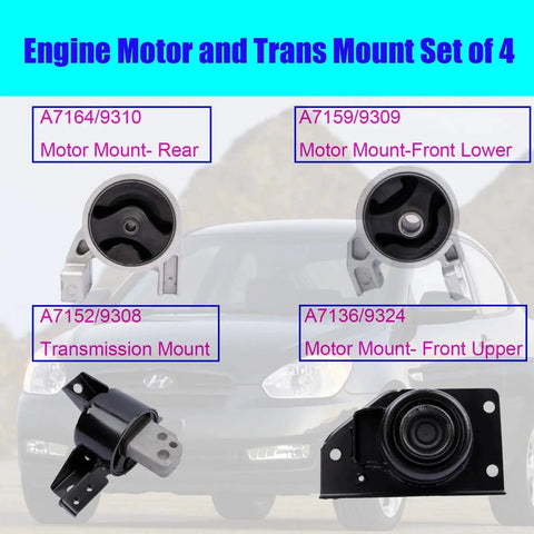 Hyundai Accent Kia Rio Rio5 Engine And Transmission Motor Mount Set Of Four 1 6L L4 Replacement OE Direct Fit A7159 9309 A7152 9308 A7136 9324 Fits 2006 To 2011 Models, featuring four motor mounts on display.