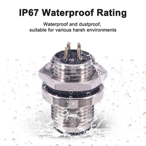 M12 4 Pin A Coded Female Straight IP67 Waterproof Rear Bulkhead Panel Receptacles with water droplets showcasing waterproof rating.