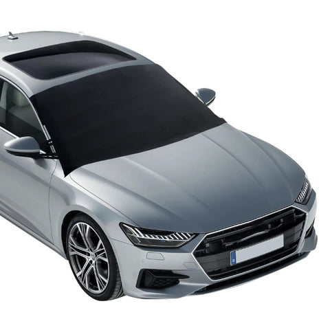 Windshield Cover For Ice And Snow Universal Fit For Car SUV And Truck Heavy Duty 600D Oxford Fabric Frost Protector With Anti Theft Straps Medium 69 By 42 Inches Keeps Windshield Clear installed on a silver car.