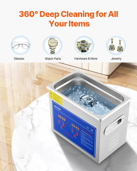 Front view of VEVOR 3L ultrasonic cleaner with stainless steel tank and blue control panel.