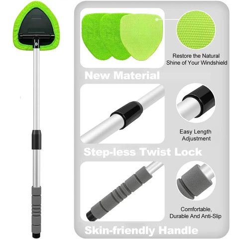 Long Reach Windshield Cleaner Tool With 180 Degree Pivot And Microfiber Pads featuring extendable handle and twist lock