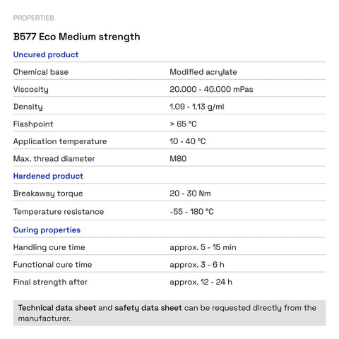 Technical properties table of B577 Eco medium-strength sealant, includes viscosity, temperature resistance, and cure times.