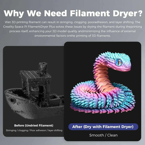 Before and after effects of Space Pi Filament Dryer Plus for 3D printers on print quality and detail.