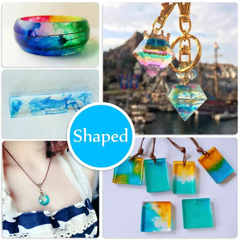 Epoxy Resin Pigment 15 Color Liquid Epoxy Resin Dye Set For Art And Jewelry Making, Highly Concentrated Colorants For Resin Color Art, Crystal Clear Casting Colors, AB Resin Coloring For Paint And Crafts, 10ml Each shown in various shaped jewelry and crafts.