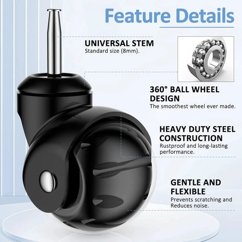 Beefy Heavy Duty 2 Inch Ball Caster Wheels Set of 4 with 1200 lbs capacity detail image showing steel frame and polyurethane wheel design.