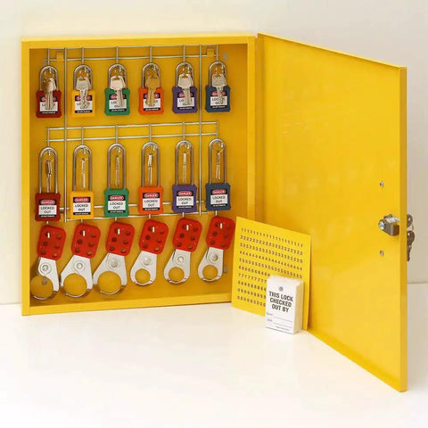Lockout Tagout Cabinet Kit for Padlocks in yellow, open with multiple padlocks, tags, and anti-theft design. OSHA compliant access management.