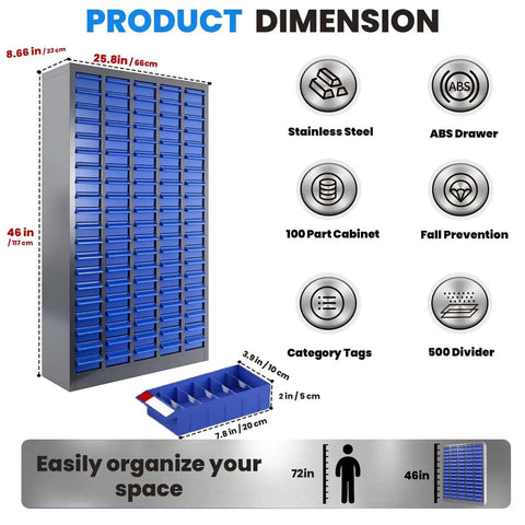 Heavy Duty 100 Drawer Nut And Bolt Organizer With Labels And Adjustable Dividers ABS Drawers And Alloy Steel Frame For Workshop Garage Freestanding Parts Cabinet With 920 Pound Load Capacity product dimensions and features.