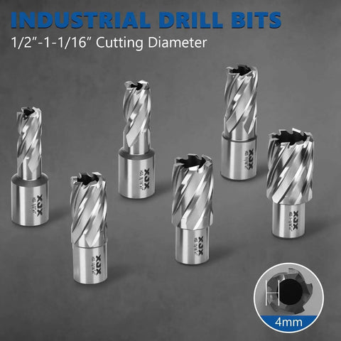 Annular Cutter Set for Magnetic Drill Press 8 Piece HSS High Speed Steel Bits with Weldon Shank, multiple sizes displayed
