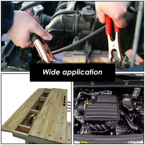 Hands using jumper cables, workbench with tools, car engine, illustrating wide application of 160Pcs Car Screw And Retainer Clip Kit.