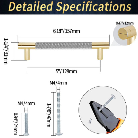 Detailed specifications of Knurled Cabinet Pulls 12 Pack, 6 Inch Long Metal Door And Drawer Pulls in Grey And Gold Finish with dimensions