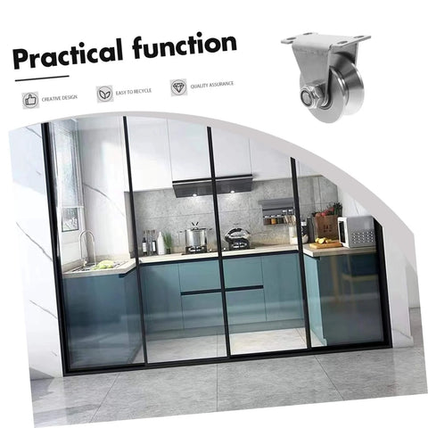 2 Pack Stainless Steel Pulley Track Wheel Set For Sliding Gate Guide Roller, Heavy Duty Track Pulley For Sliding Doors, Quiet Operation, Durable Build, Smooth Glide, Wall Mount Compatible shown with sliding doors in a modern kitchen setting.