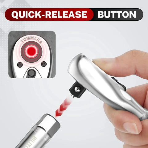 Quick-release button on stubby ratchet set with 72-tooth gear for smooth operation, core drive upgraded for superior strength.