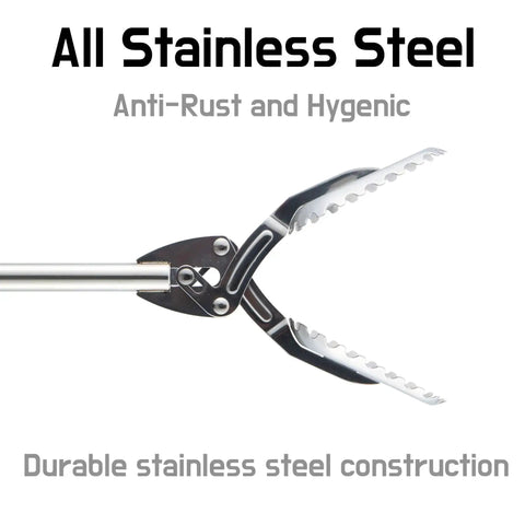 Close-up of the clamp of All Stainless Steel Grabber Reacher Pickup Tool Heavy Duty Trash Picker For Indoor Outdoor Use No Wire Patented Technology Delivers Extra Power And Strong Grip For Logs BBQ Pits Fireplace.