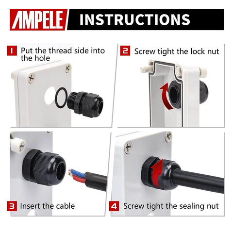 Installation steps for waterproof nylon cable gland set, showing insertion, lock nut, cable entry, and sealing nut steps.