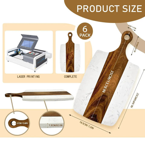 Dope Six Piece Marble And Wood Cutting Board Set For Charcuterie And Serving With Handles Acacia Wood And Marble Laser Engrave Friendly For Personalization Handmade Natural Materials Perfect DIY Gift 13.75 By 7.25 Inches shown with dimensions and laser engrave example