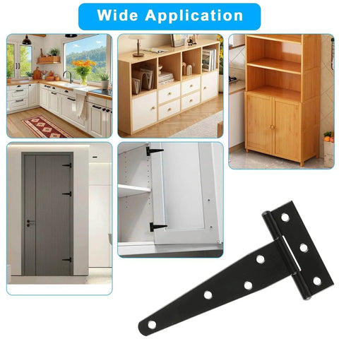 4 Pack 5 Inch T Strap Hinges Heavy Duty Outdoor Gate Hinges Black for wood fences barn doors sheds and gates applications shown