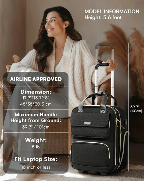Woman with underseat carry on luggage with wheels, airline approved, black 16-inch rolling laptop bag for business travel.