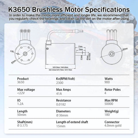 Specifications for K3650 Brushless Motor 2300KV with technical details and dimensions shown.