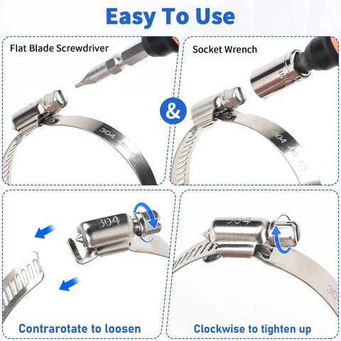 Hose Clamps 10 Pack Stainless Steel Adjustable Worm Gear Clamps 1/2 To 3/4 Inch installation guide with tools