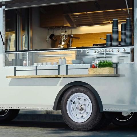 Mobile kitchen with Two Pack 5.30-12 Trailer Tires On 12 Inch Rims With Five Lug On 4.5 Inch Bolt Pattern, food truck view