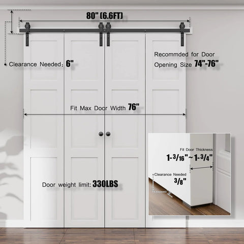 Heavy Duty Bi Folding Sliding Barn Door Hardware Kit With 6.6 Foot Track System For Up To 19 Inches Wide Four Door Openings
