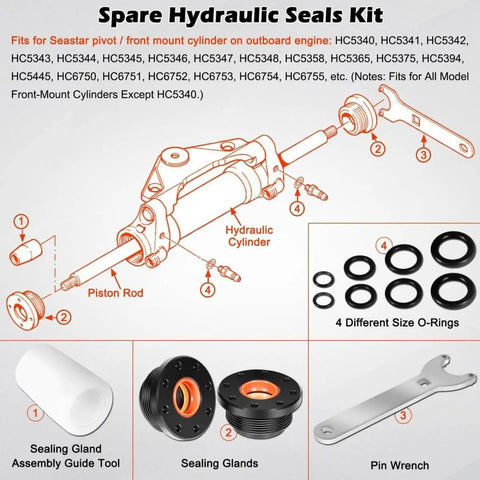 Front Mount Hydraulic Steering Cylinder Seals Kit With Pin Wrench HS5157 For Seastar HC5345 shown with components