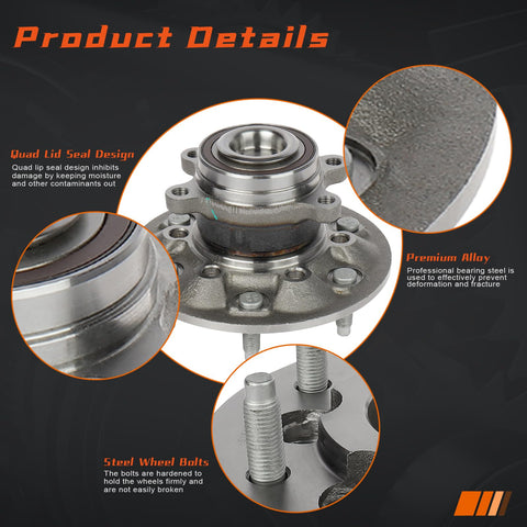 Front Wheel Hub And Bearing Assembly For Chevy Colorado 2009 To 2012 And GMC Canyon 2009 To 2012 2WD Front Left And Right, 6 Lug, ABS, 515120 Replacement, Direct Fit, Ready To Install, Premium Grade showing product details with seal design and alloy description.