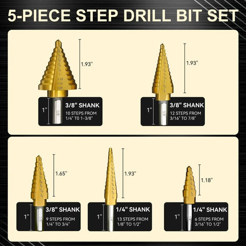 Titanium Coated HSS Step Drill Bit Set, 5-Piece with dual straight flutes, showing different sizes from 1/16 inch to 1-3/8 inch.