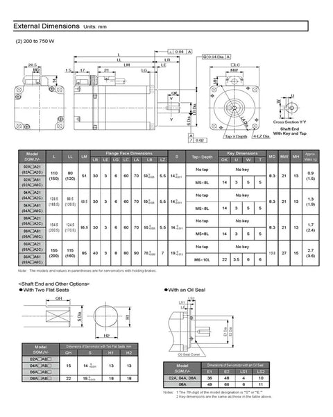 CHUNYE SGMJV servo motor, model SGMJV-08AAA6E, 750W, front and side views with external dimensions diagram