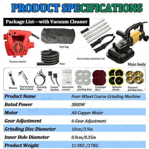 Heavy Duty Variable Speed Concrete Sander With Four Head Interlocking Extension Rods for Marble and Cement Polishing