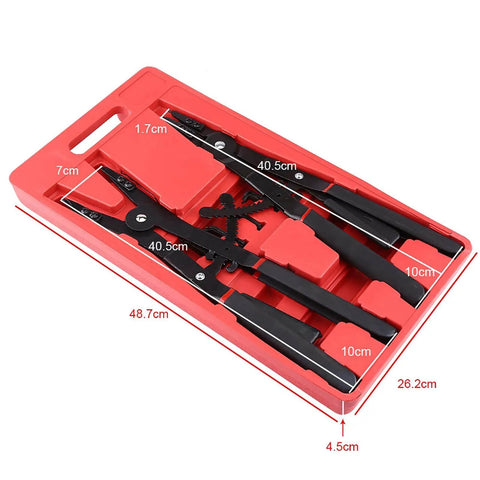 Beefy Heavy Duty 16 Inch Snap Ring Pliers Set For Internal And External Circlips Two Piece With Twelve Tips in red case.