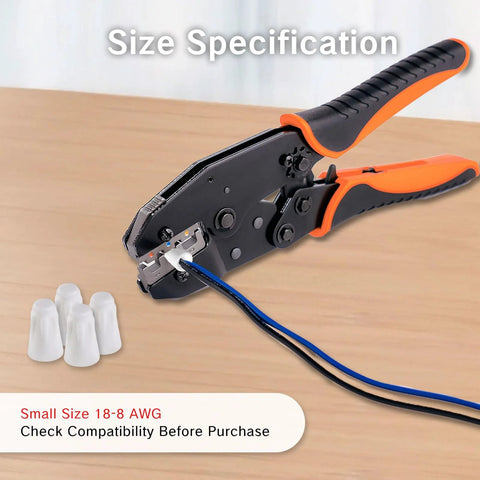 36-piece ceramic wire nut kit with porcelain connectors; white caps beside blue and black wires and an orange-handled crimping tool.