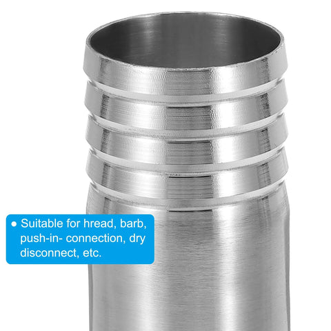 Stainless steel sanitary tri-clamp to hose barb adapter, 1.5in to 1-1/4in, front view.