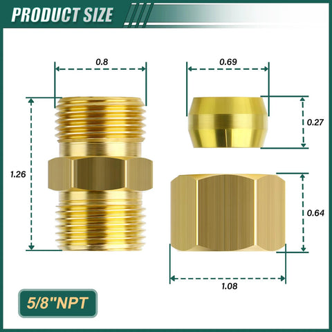 Brass 5/8-inch tube OD compression coupler, NPT threaded plumbing fitting, 3-piece set