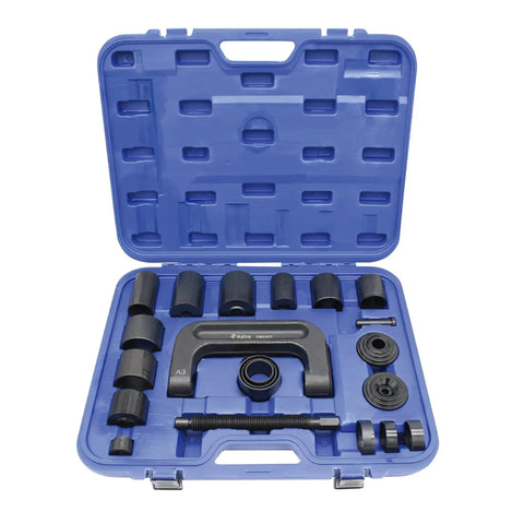Goliath Large Ball Joint Service Tool And Master Adapter Set with forged alloy C frame press, receiver tubes, and adapters in blue case.