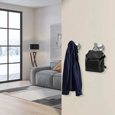 304 Stainless Steel Towel Hooks And Robe Hooks Wall Mounted With Brushed Nickel Finish in modern living room, holding clothes