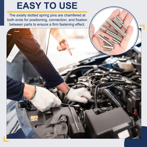 Person installing Slotted Spring Pin Set 50 Pack, 3.2mm By 35mm, 304 Stainless Steel Dowel Pins in car engine, inset showing pins.