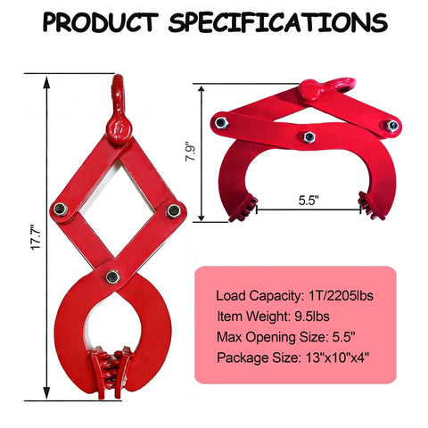 Heavy Duty Pallet Puller Clamp 1T 2250 Lbs With 5.5 Inch Jaw Opening Red, dimensions and load capacity view.