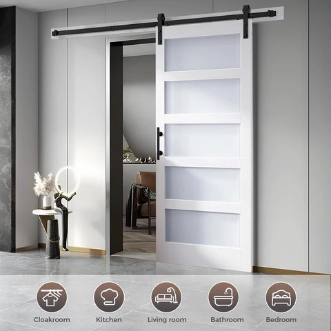 Installed Dope Double Glass MDF Barn Doors Set 18 Inch By 84 Inch With 6.6 Ft Hardware Kit And Five Tempered Frosted Glass Panels