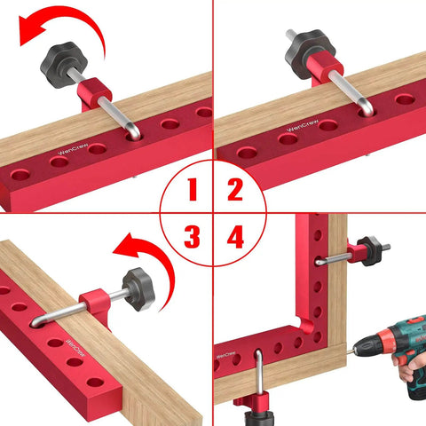 Red aluminum 7.1 Inch 90 Degree Positioning Squares Right Angle Clamps for Woodworking, shown in different setups with long L-bolt for strong grab.