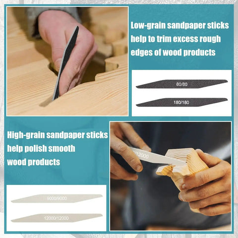 20 Pcs Sanding Sticks Set For Plastic Models And 3D Prints, Assorted Grits shown sanding wooden edges and surfaces