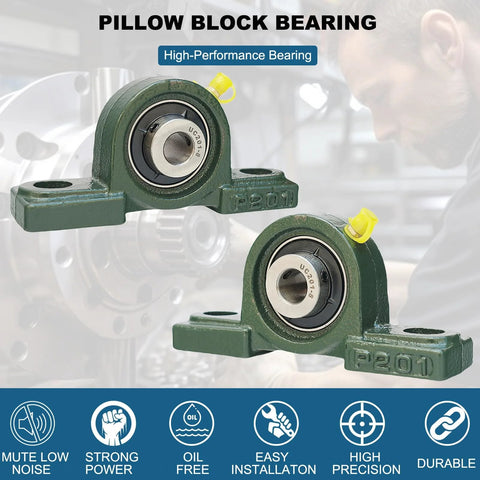 Front view of 4 Pack UCP201-8 Pillow Block Mounted Ball Bearings With One Half Inch Bore, Solid Cast Iron Base, Self Aligning, Bearing Steel Construction, Heavy Duty Industrial Grade For Rugged Equipment, Built To Last, Low Maintenance, Smooth Operation.