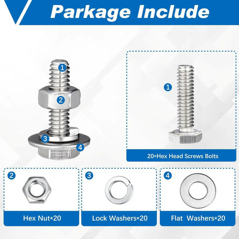 80 Piece Stainless Steel Hex Head Bolt Kit With 20 Bolts, 20 Nuts, 20 Flat Washers And 20 Lock Washers, image showing components