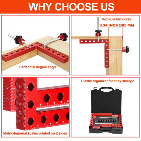 Pro Grade 4 Pack Right Angle Clamp Set For Woodworking, 5.5 Inch Aluminum Alloy Squares With Case, showing 90 degree setup and case