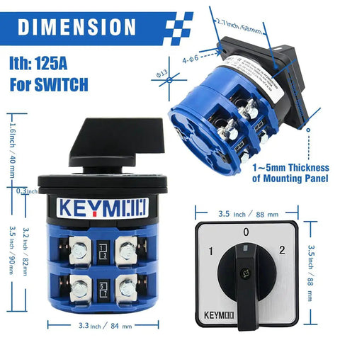 Heavy Duty 660V 125A Rotary Changeover Switch With Exterior IP65 Box 3 Poles 2 Phase 8 Terminals dimensions and features.